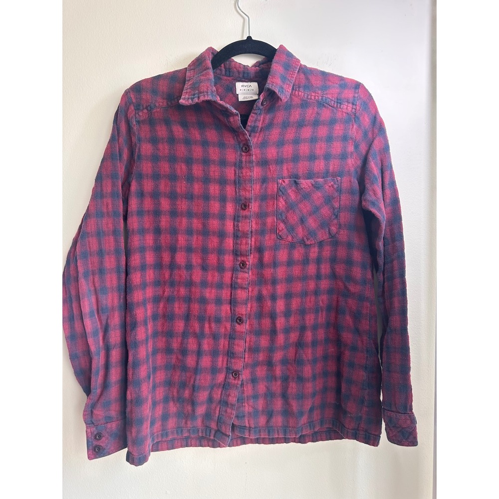 RVCA Men's Flannel Shirt Red Navy Plaid Long‎ Sleeve Button Up Size M